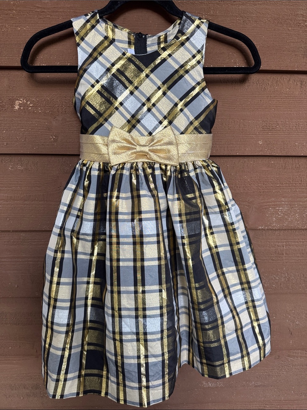 Bonnie Jean Black, Gold & White Plaid Party Dress with Bow size 6X